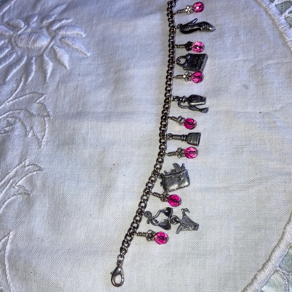 Silvertone charm bracelet with feminine charms and rd pink glassbeads $15 - Picture 4 of 7
